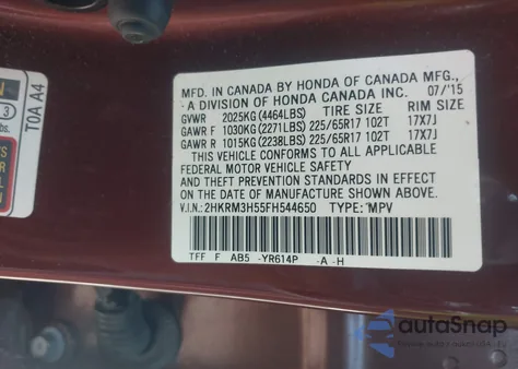 2015 Honda Cr-V Ex from USA, damaged, VIN 2HKRM3H55FH544650